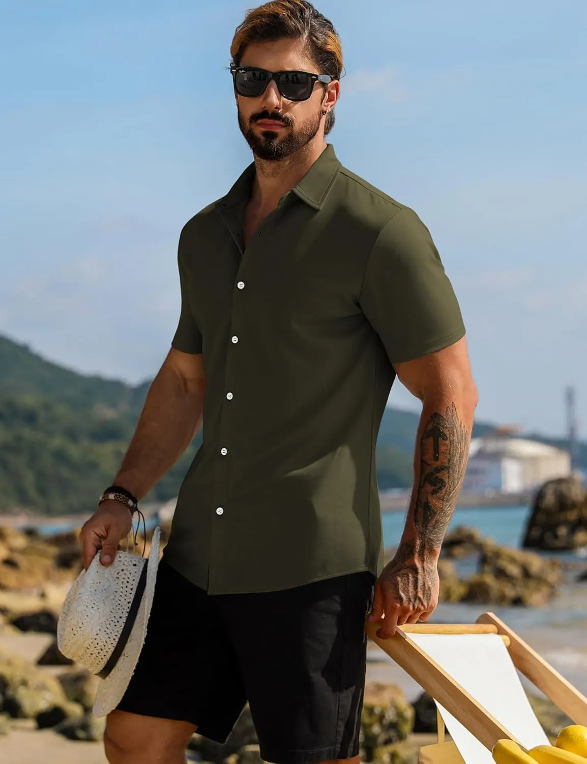 URRU Men's Muscle Dress Shirts Short Sleeve Stretch Casual Button Down Shirts Wrinkle Free Slim Fit Dress Shirt for Men