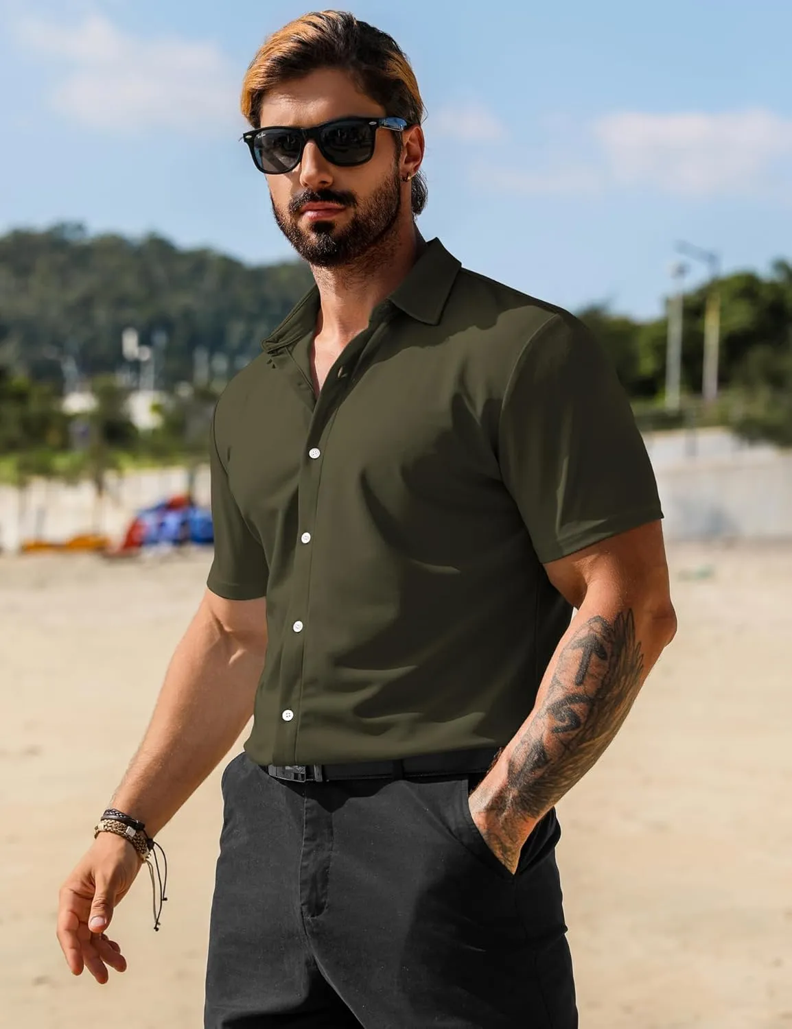 URRU Men's Muscle Dress Shirts Short Sleeve Stretch Casual Button Down Shirts Wrinkle Free Slim Fit Dress Shirt for Men