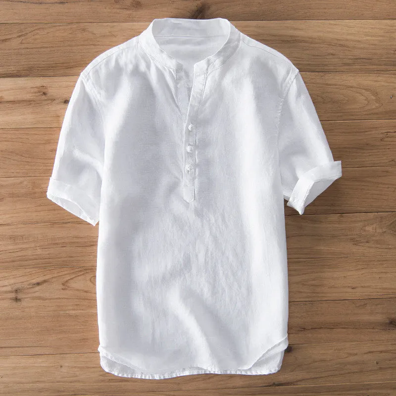 Vintage Style Men's Chinese Style Cotton Solid Color Stand Collar Casual Fashion T-Shirt
