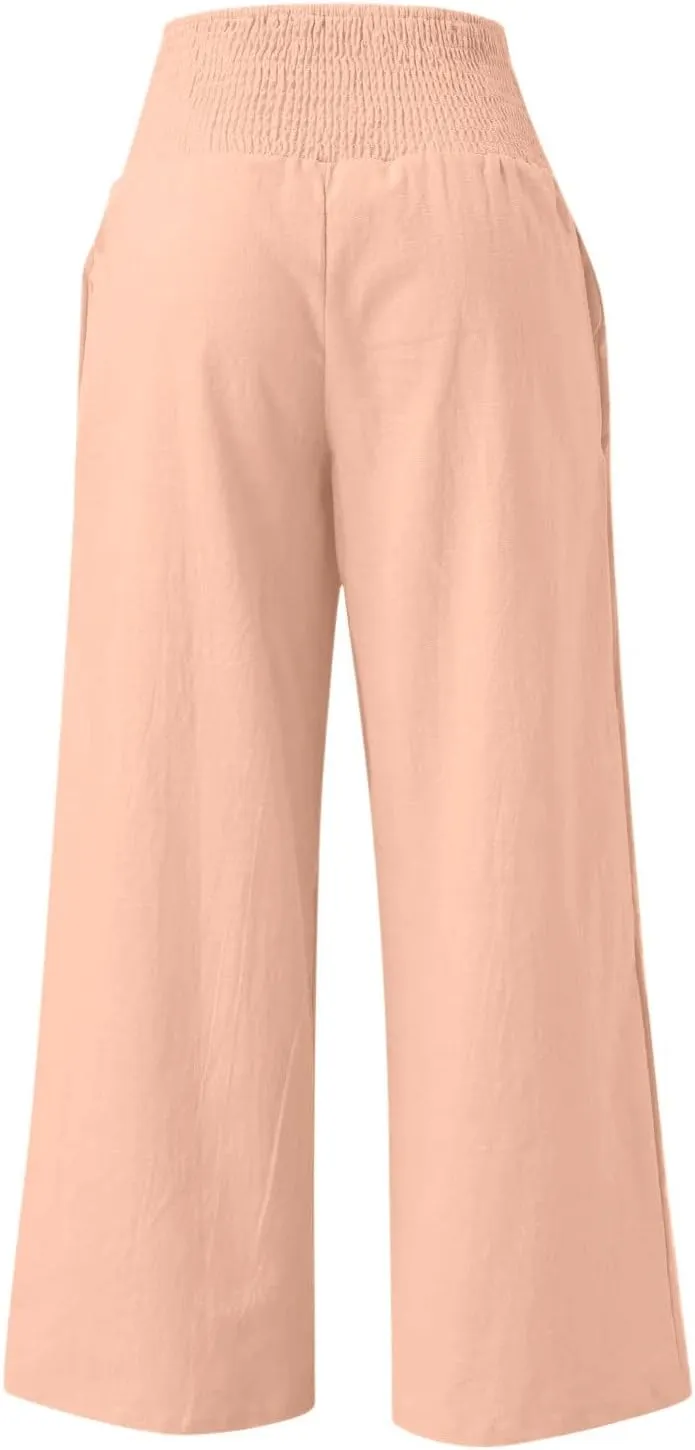 Wide Leg Sweatpants Women Linen Blend High Waisted Trouser Elastic Waist Lounge Pants Lightweight Summer Pants