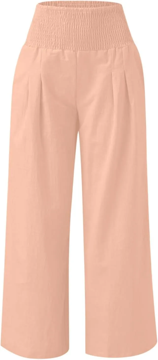 Wide Leg Sweatpants Women Linen Blend High Waisted Trouser Elastic Waist Lounge Pants Lightweight Summer Pants