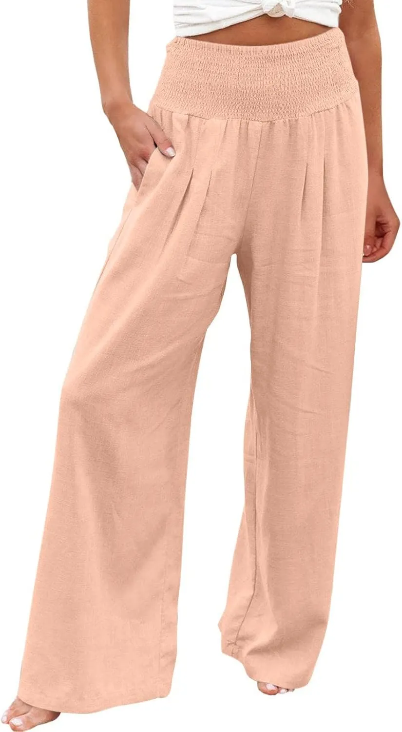 Wide Leg Sweatpants Women Linen Blend High Waisted Trouser Elastic Waist Lounge Pants Lightweight Summer Pants