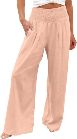 Wide Leg Sweatpants Women Linen Blend High Waisted Trouser Elastic Waist Lounge Pants Lightweight Summer Pants