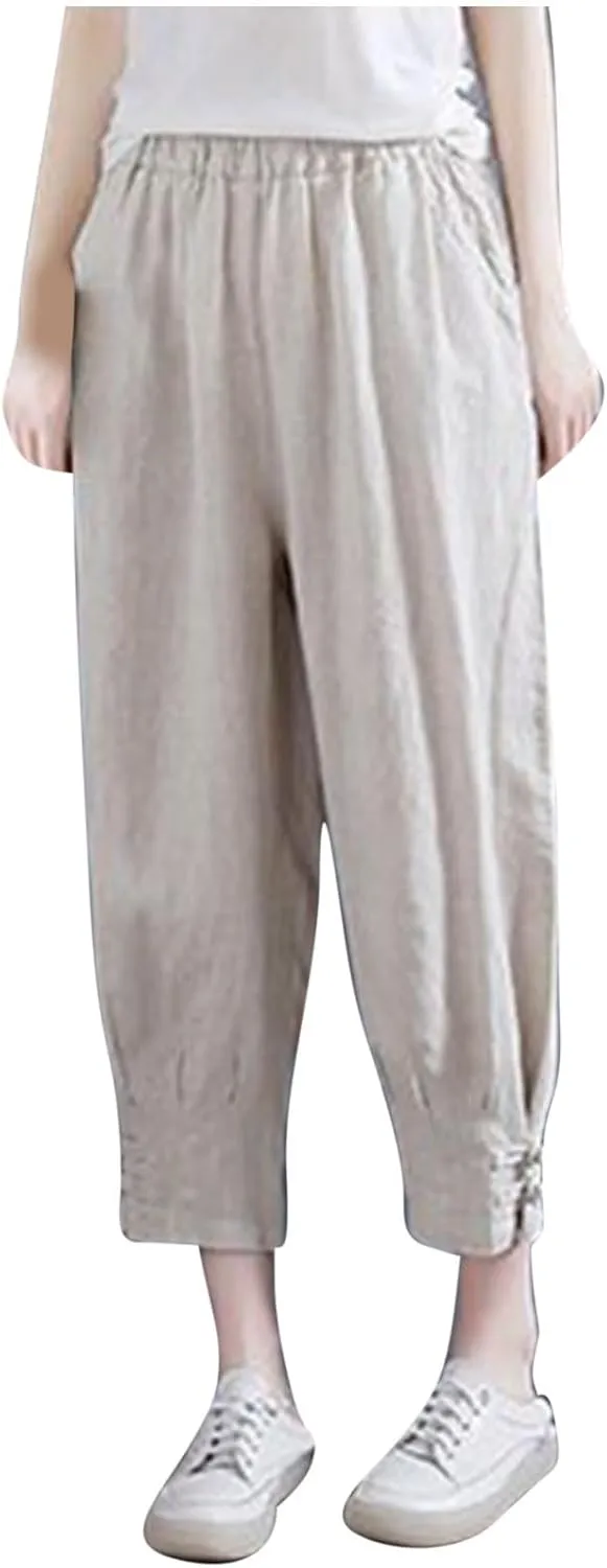Women Capri Cotton Linen Pants Tapered Leg Capris Summer Cropped Trousers Solid Color 3/4 Pant Lightweight Loose Bottom