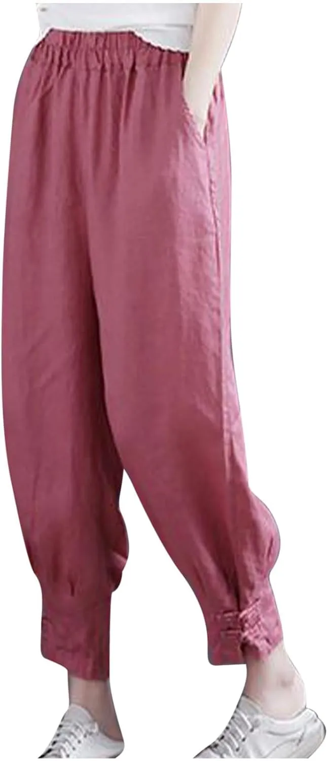 Women Capri Cotton Linen Pants Tapered Leg Capris Summer Cropped Trousers Solid Color 3/4 Pant Lightweight Loose Bottom