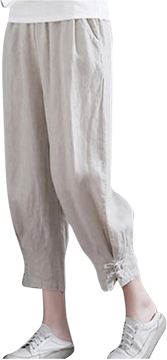Women Capri Cotton Linen Pants Tapered Leg Capris Summer Cropped Trousers Solid Color 3/4 Pant Lightweight Loose Bottom