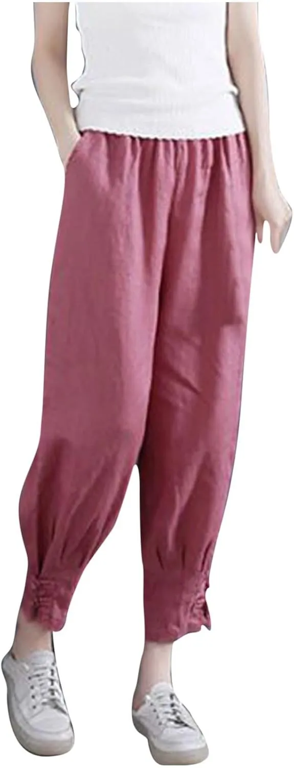 Women Capri Cotton Linen Pants Tapered Leg Capris Summer Cropped Trousers Solid Color 3/4 Pant Lightweight Loose Bottom