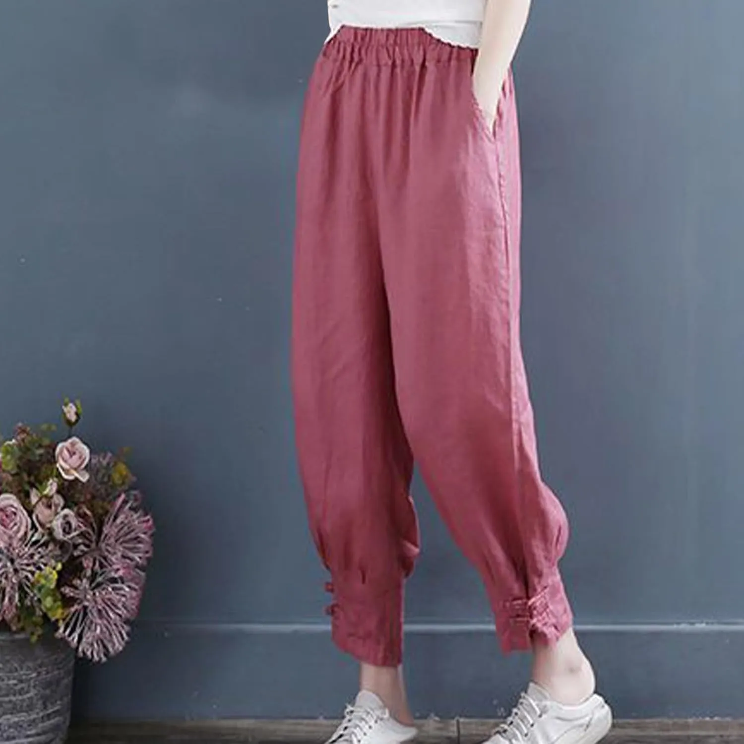 Women Capri Cotton Linen Pants Tapered Leg Capris Summer Cropped Trousers Solid Color 3/4 Pant Lightweight Loose Bottom