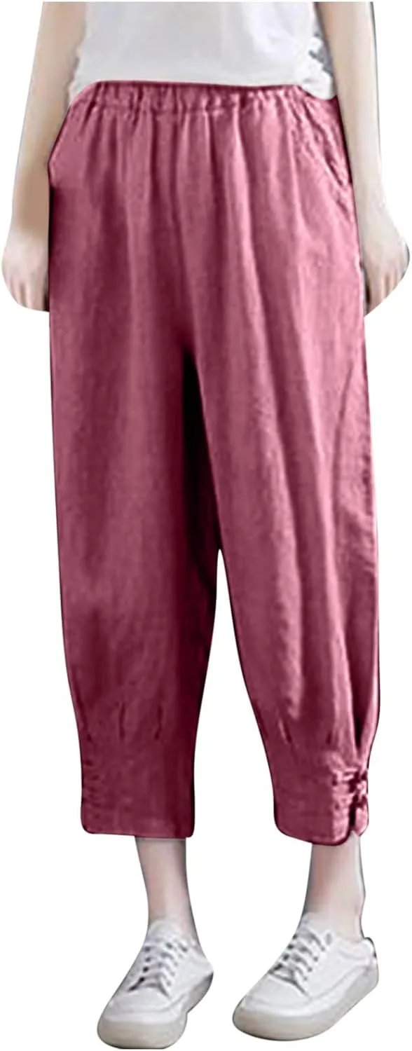 Women Capri Cotton Linen Pants Tapered Leg Capris Summer Cropped Trousers Solid Color 3/4 Pant Lightweight Loose Bottom