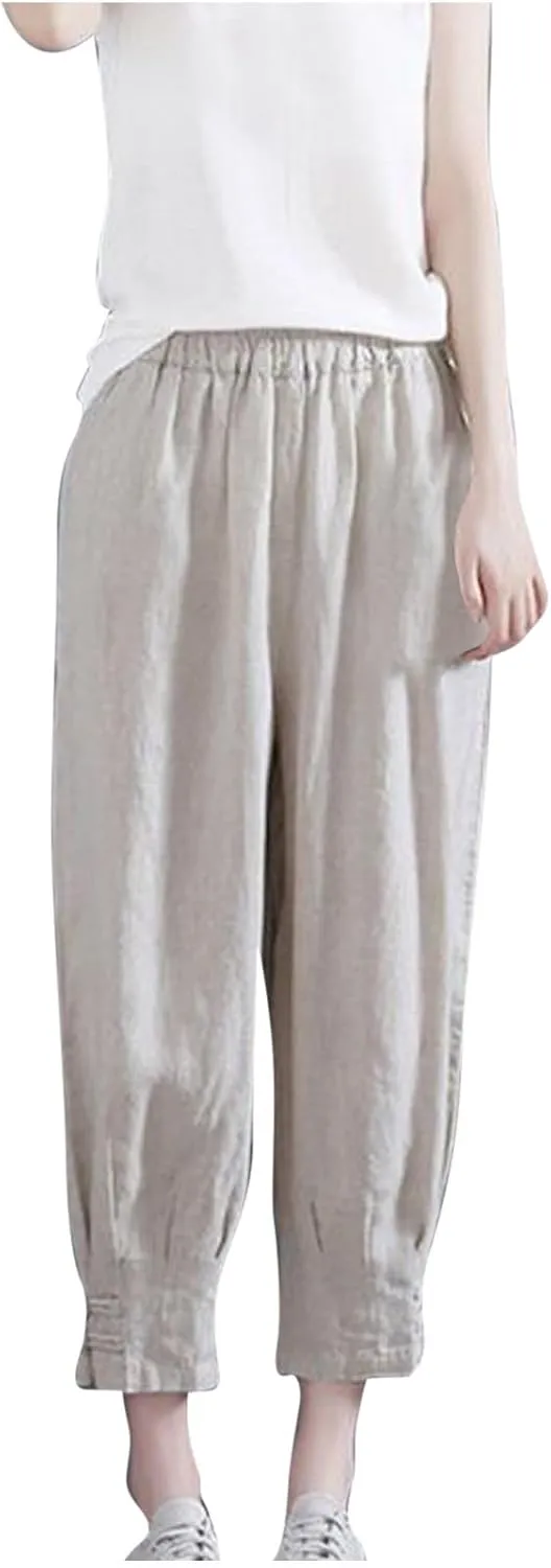 Women Capri Cotton Linen Pants Tapered Leg Capris Summer Cropped Trousers Solid Color 3/4 Pant Lightweight Loose Bottom
