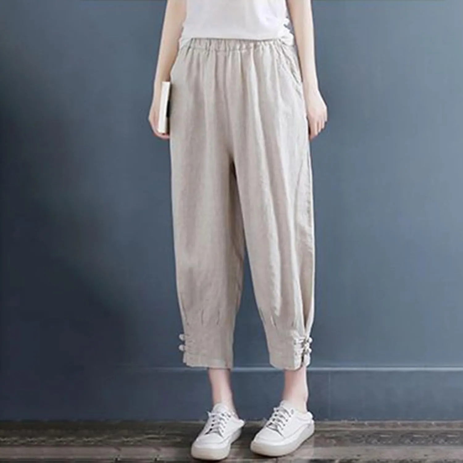 Women Capri Cotton Linen Pants Tapered Leg Capris Summer Cropped Trousers Solid Color 3/4 Pant Lightweight Loose Bottom
