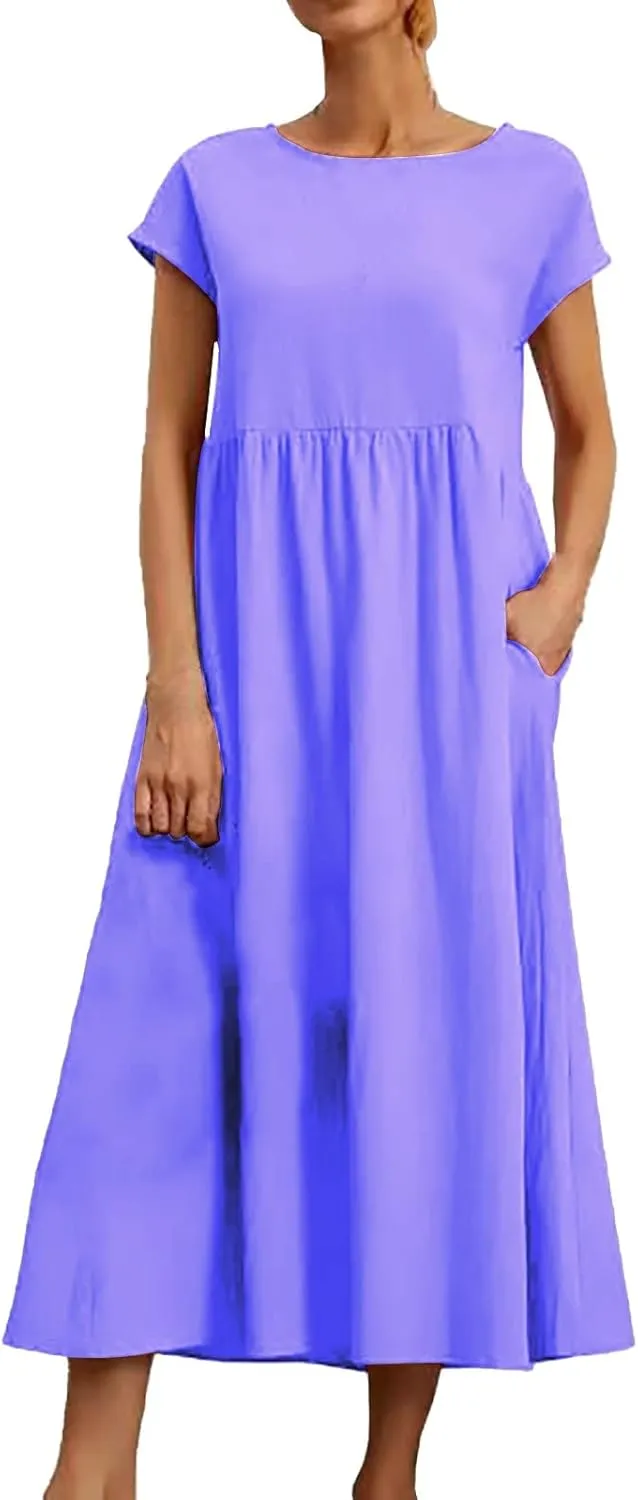 Women Cotton Maxi Dress 2024 Casual O Neck Cap Sleeve Midi Dress Summer Loose Fit Sundress with Pockets