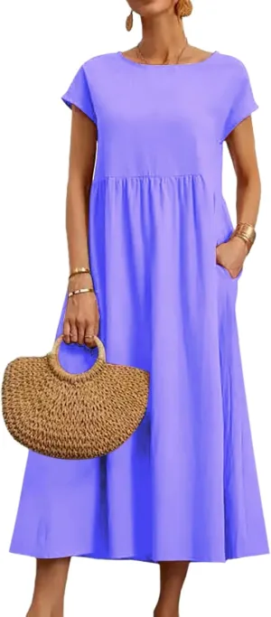 Women Cotton Maxi Dress 2024 Casual O Neck Cap Sleeve Midi Dress Summer Loose Fit Sundress with Pockets