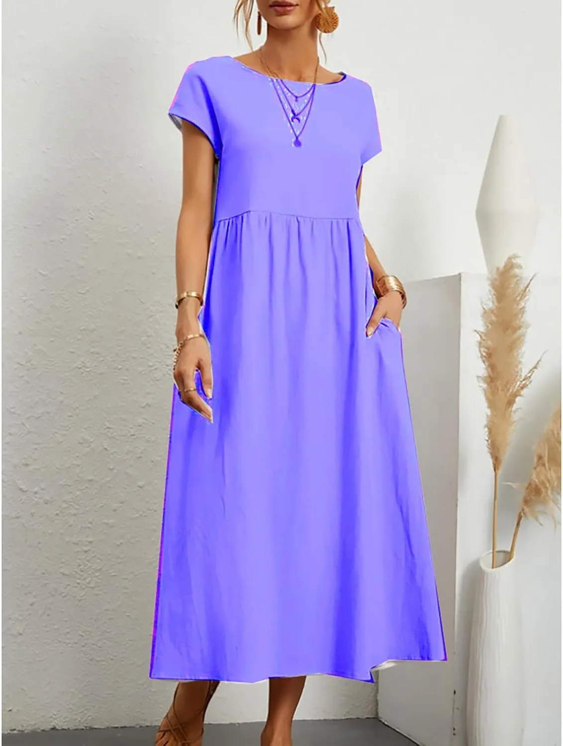 Women Cotton Maxi Dress 2024 Casual O Neck Cap Sleeve Midi Dress Summer Loose Fit Sundress with Pockets