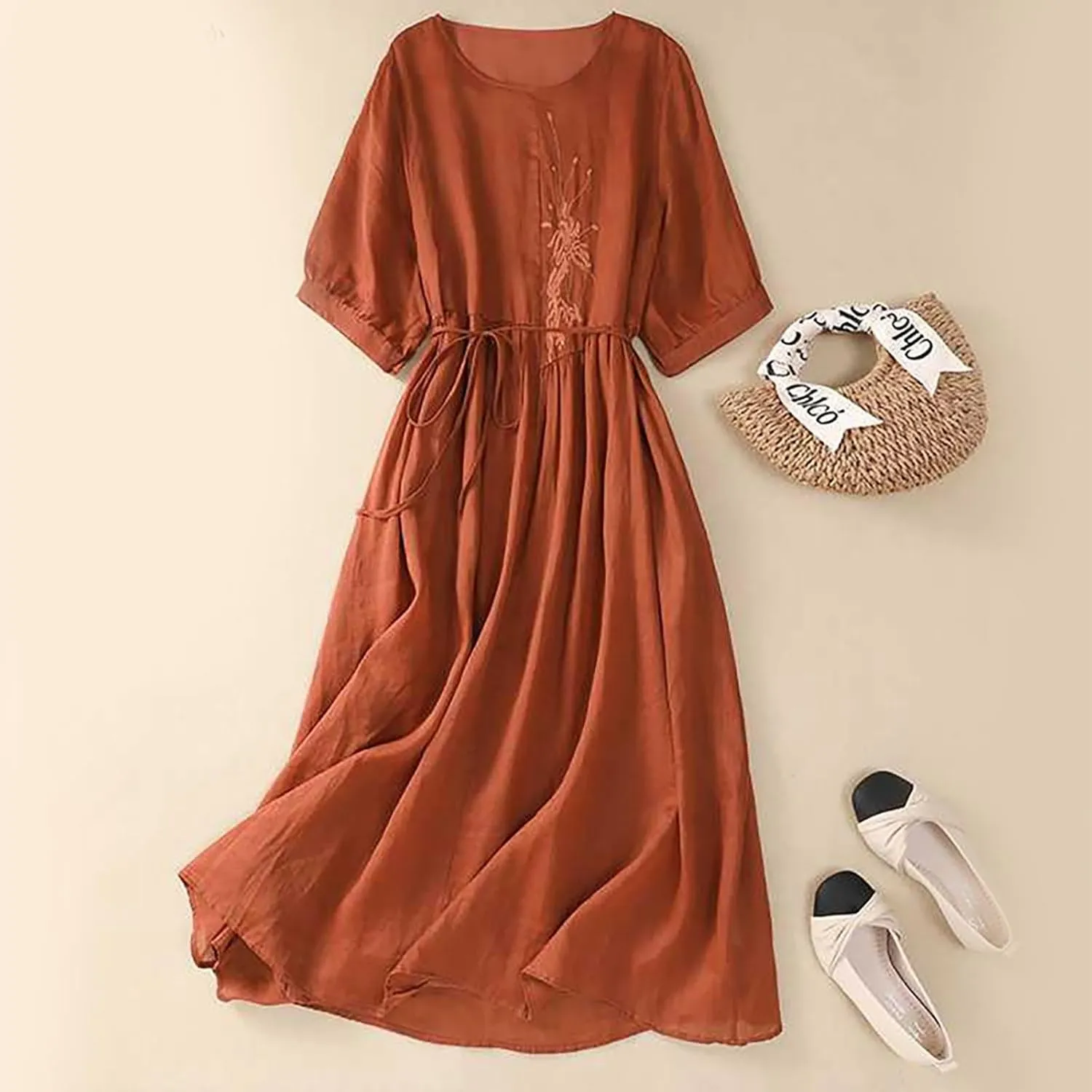 Women Embroidered Dress 3/4 Sleeve Summer Cotton Linen Dress Casual Plus Size Maxi Dress Trendy Summer Beach Clothes