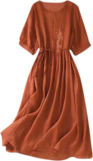 Women Embroidered Dress 3/4 Sleeve Summer Cotton Linen Dress Casual Plus Size Maxi Dress Trendy Summer Beach Clothes