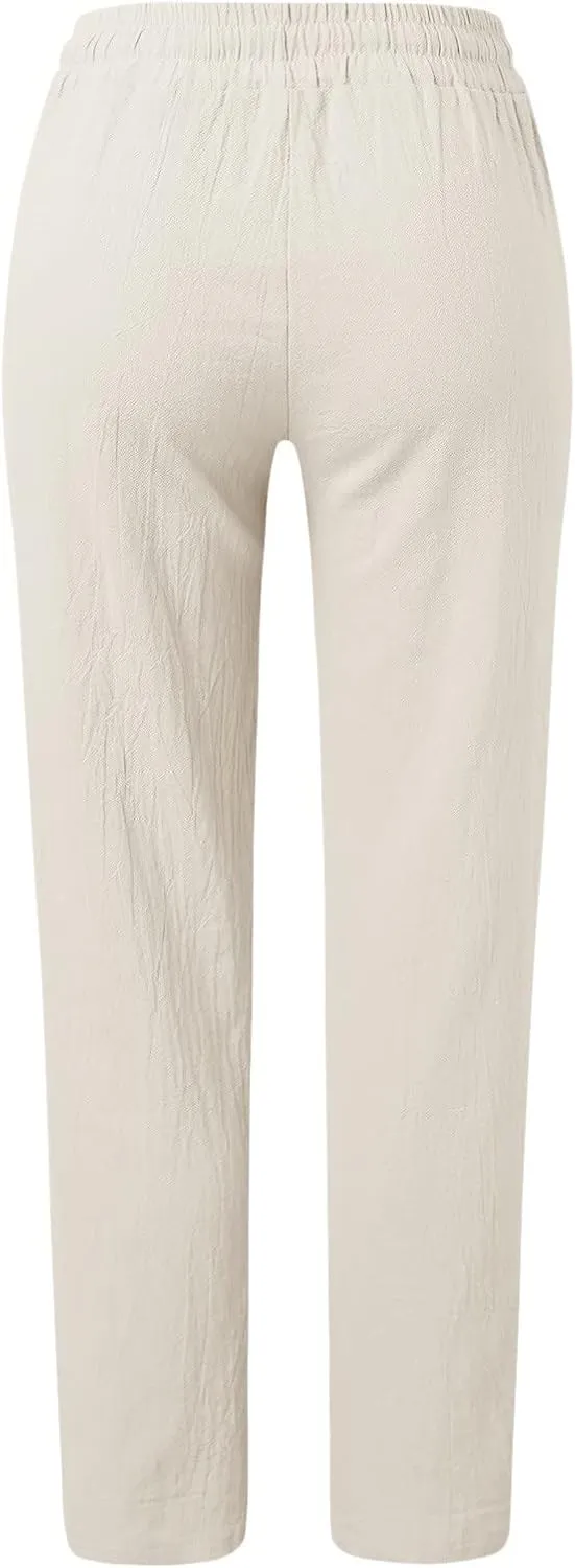 Women Summer Linen Cotton Trousers Drawstring Elastic High Waisted Casual Pants Straight Leg Beach Lounge Pants with Pocket