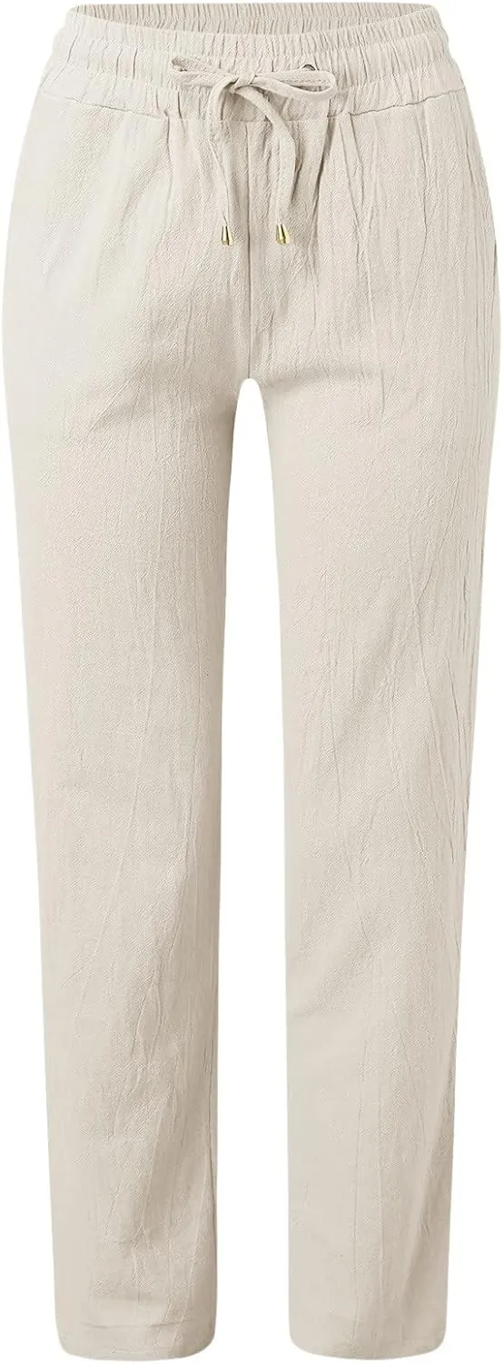 Women Summer Linen Cotton Trousers Drawstring Elastic High Waisted Casual Pants Straight Leg Beach Lounge Pants with Pocket