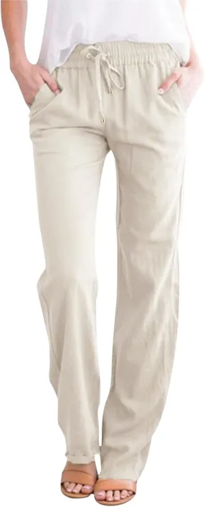 Women Summer Linen Cotton Trousers Drawstring Elastic High Waisted Casual Pants Straight Leg Beach Lounge Pants with Pocket