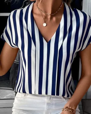 Women's Blouse - V-Neck Short Sleeve - Vertical Stripe Lightweight Casual Wear