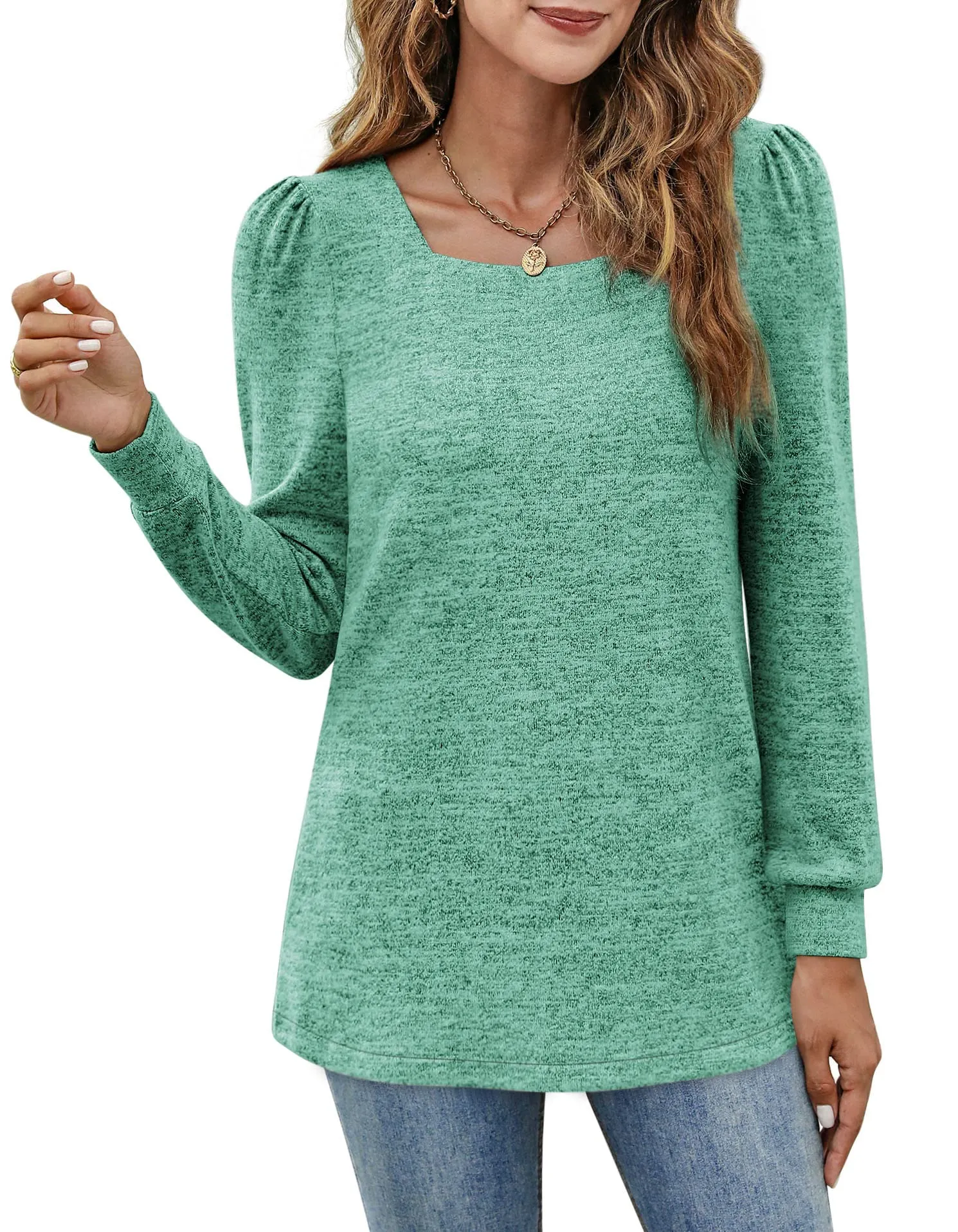 Womens Blouses Square Neck Puff Sleeve Casual Blouse