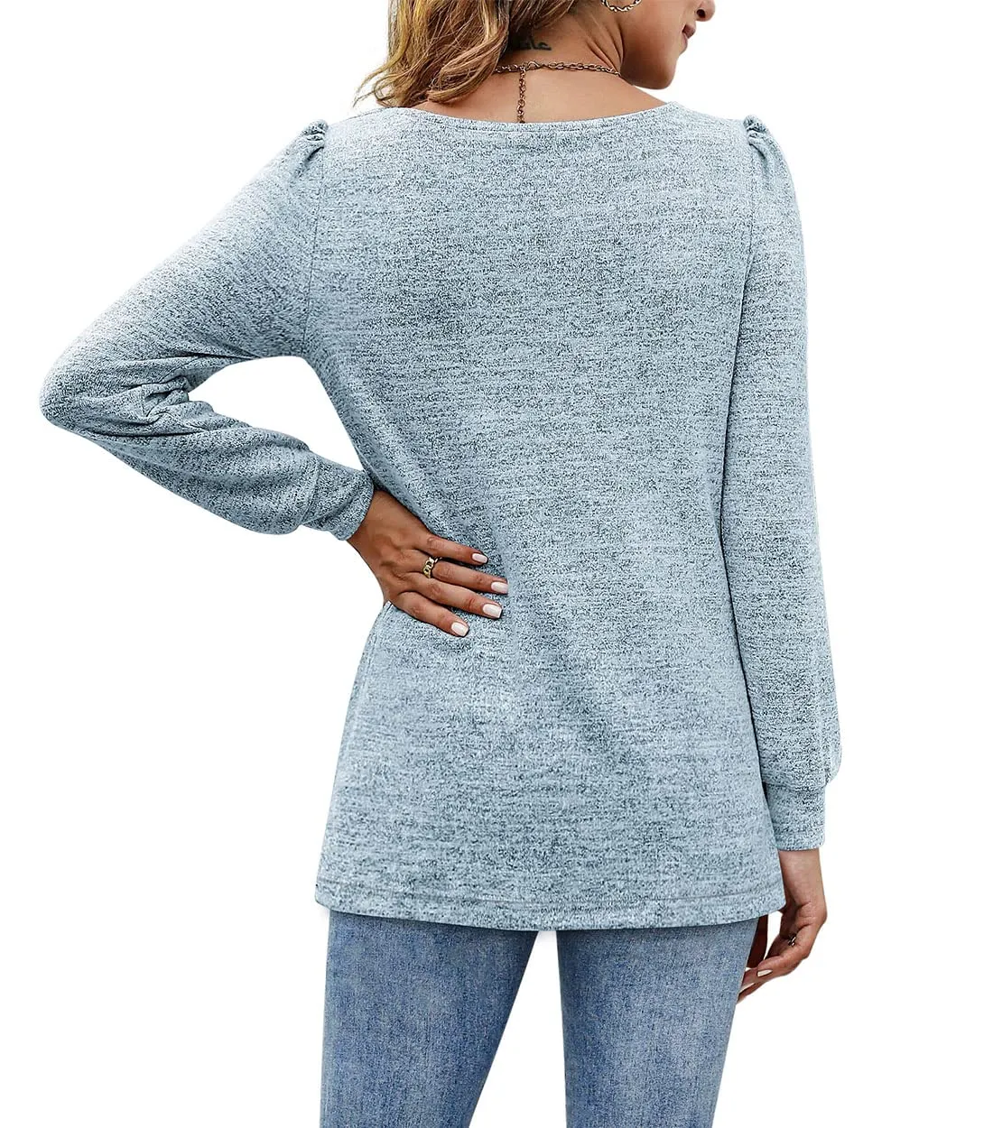 Womens Blouses Square Neck Puff Sleeve Casual Blouse