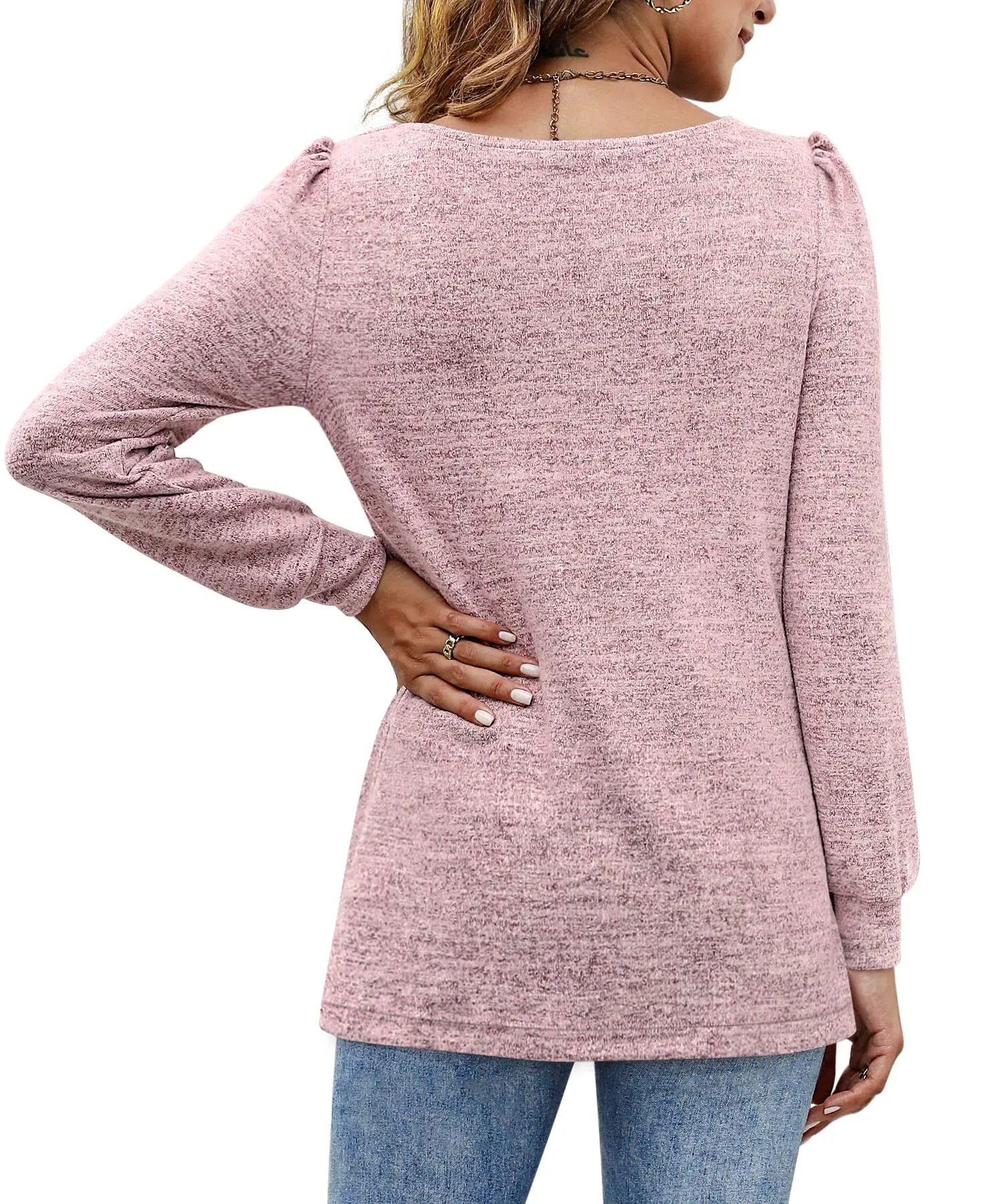 Womens Blouses Square Neck Puff Sleeve Casual Blouse