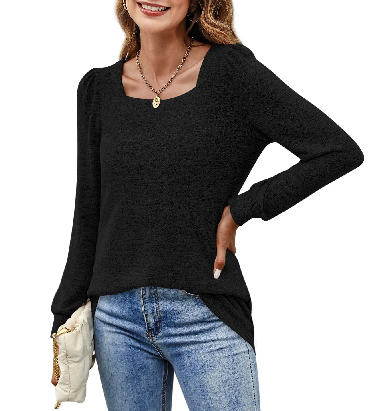 Womens Blouses Square Neck Puff Sleeve Casual Blouse