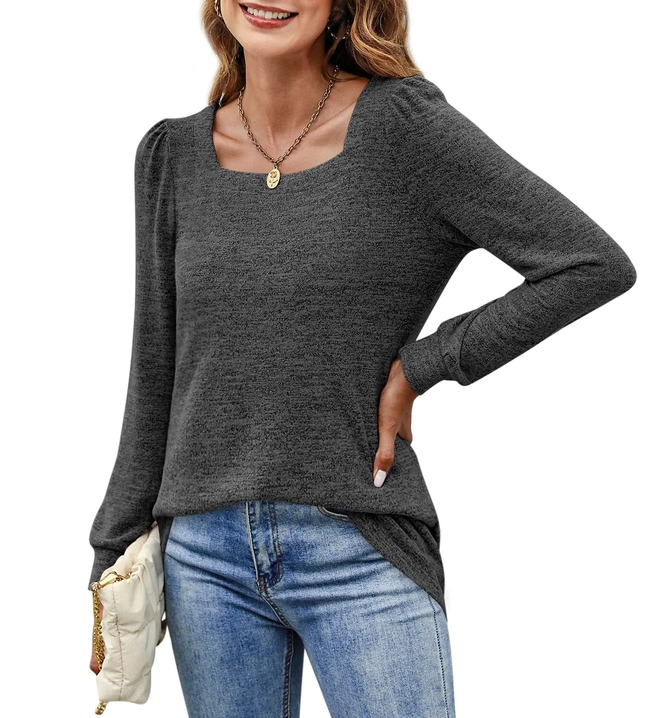 Womens Blouses Square Neck Puff Sleeve Casual Blouse