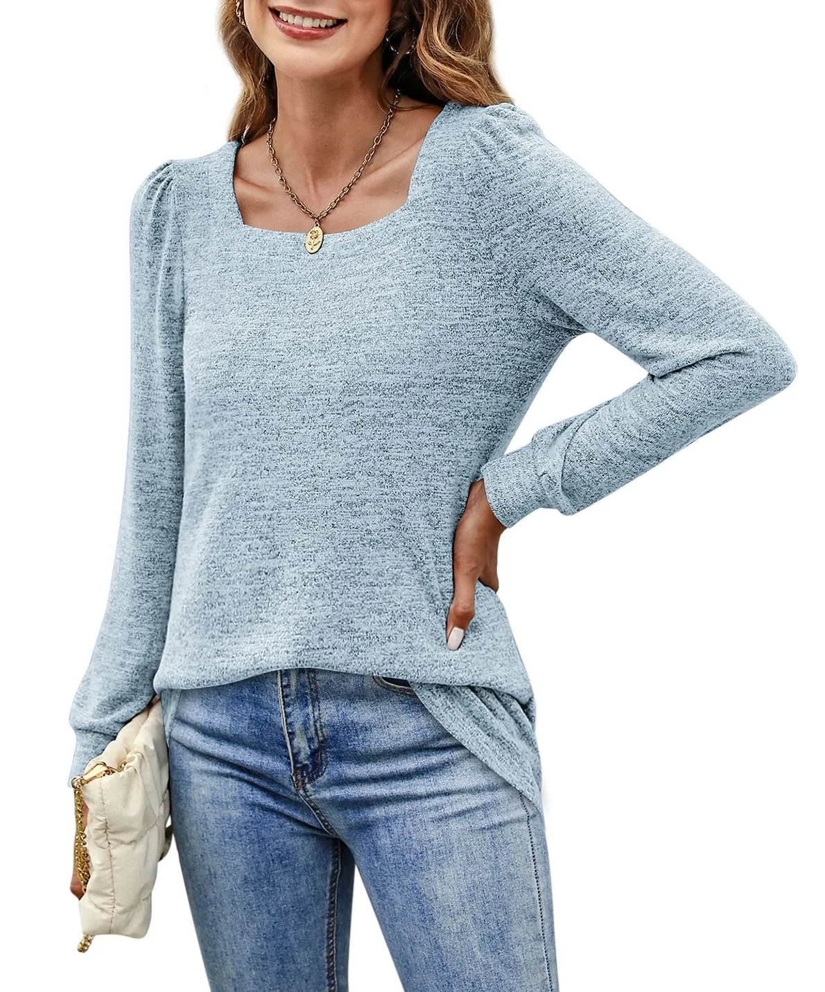 Womens Blouses Square Neck Puff Sleeve Casual Blouse