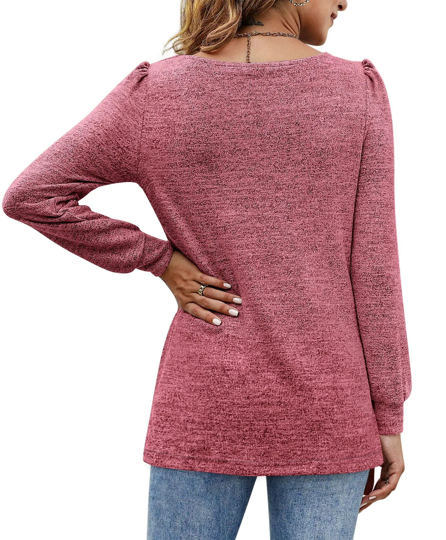Womens Blouses Square Neck Puff Sleeve Casual Blouse