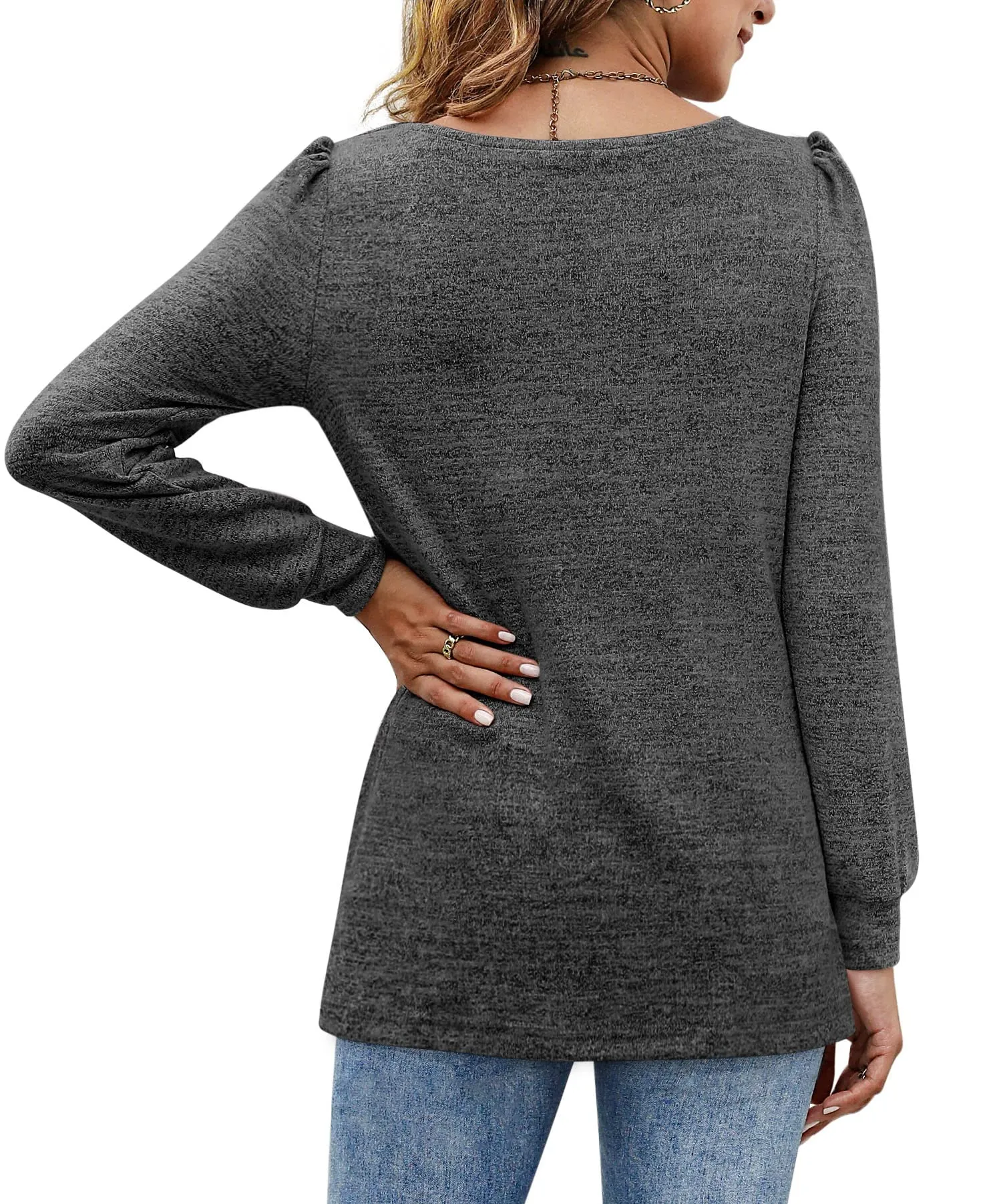 Womens Blouses Square Neck Puff Sleeve Casual Blouse