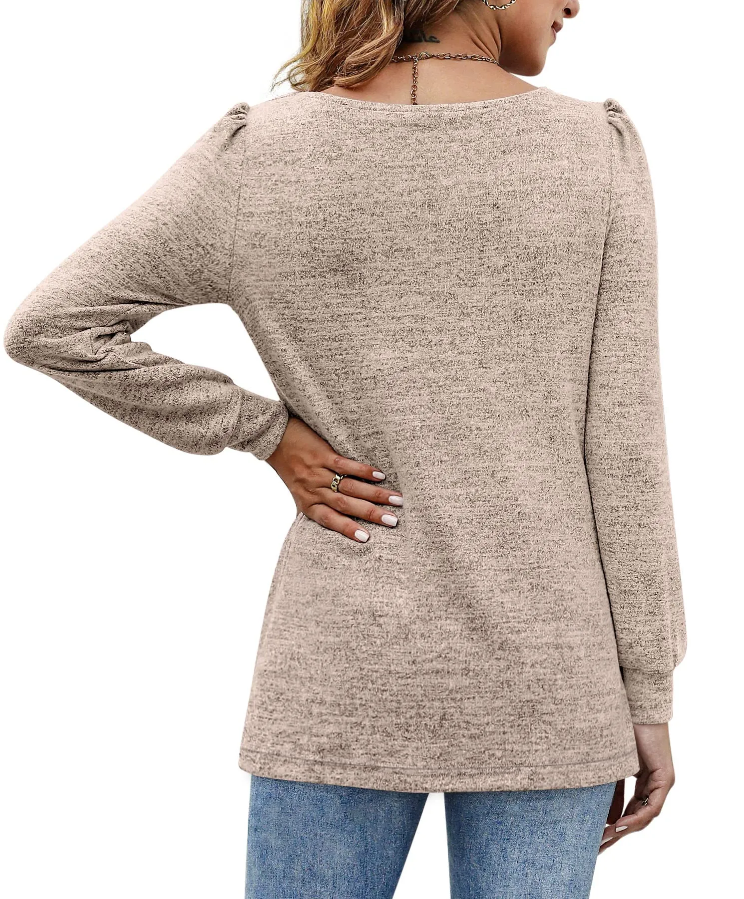 Womens Blouses Square Neck Puff Sleeve Casual Blouse
