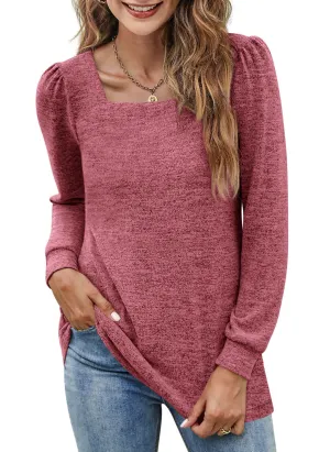 Womens Blouses Square Neck Puff Sleeve Casual Blouse