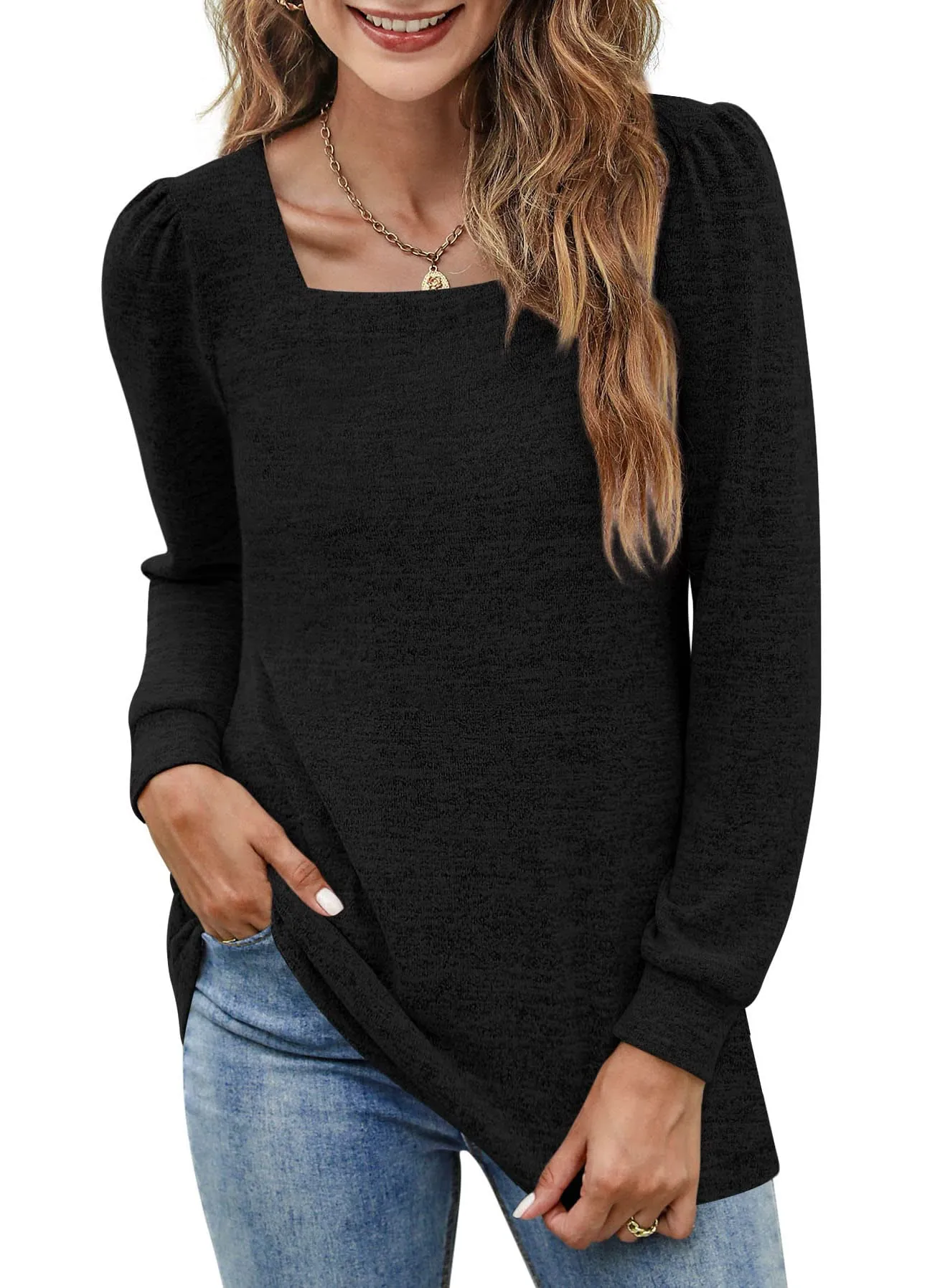 Womens Blouses Square Neck Puff Sleeve Casual Blouse