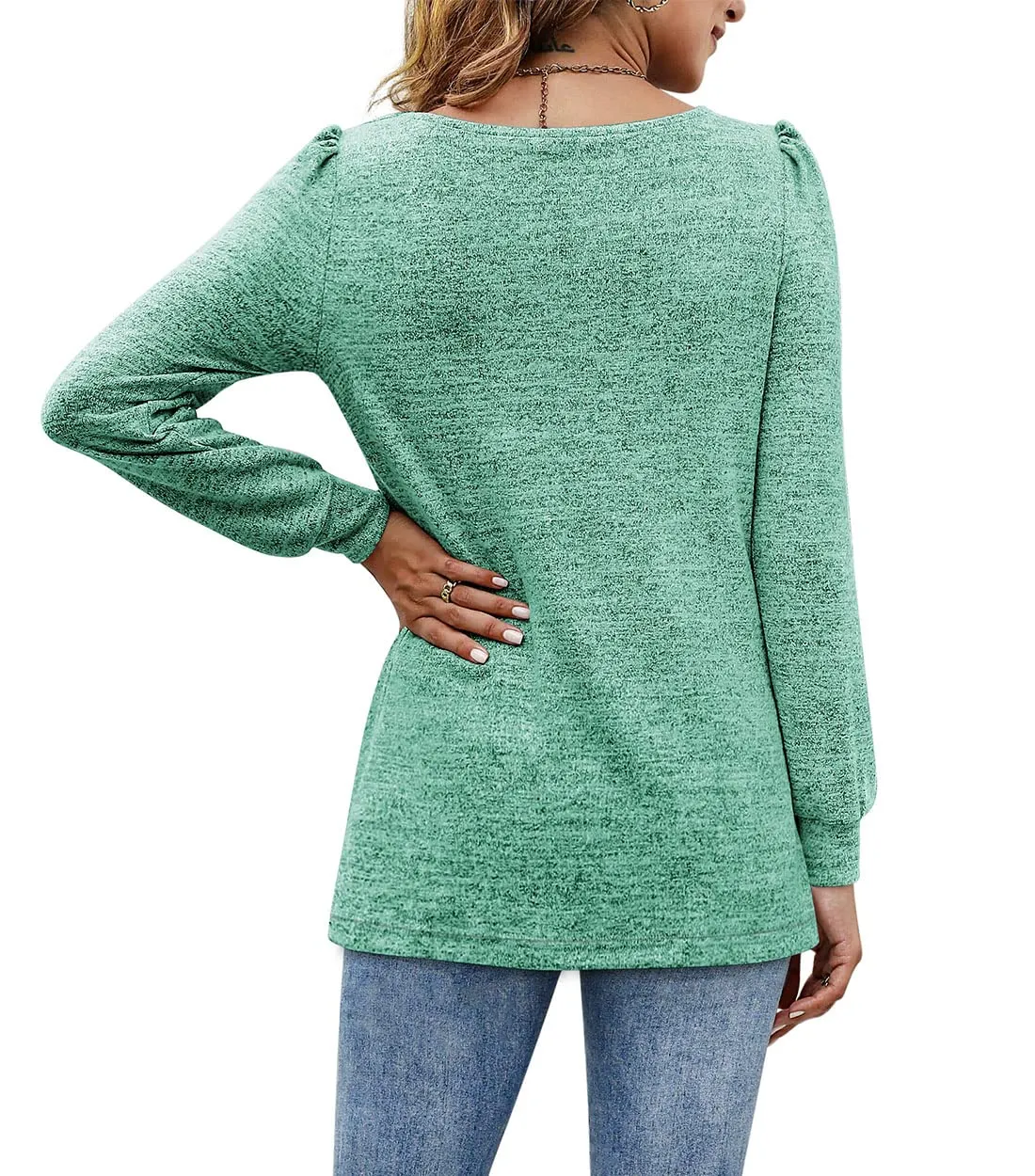 Womens Blouses Square Neck Puff Sleeve Casual Blouse