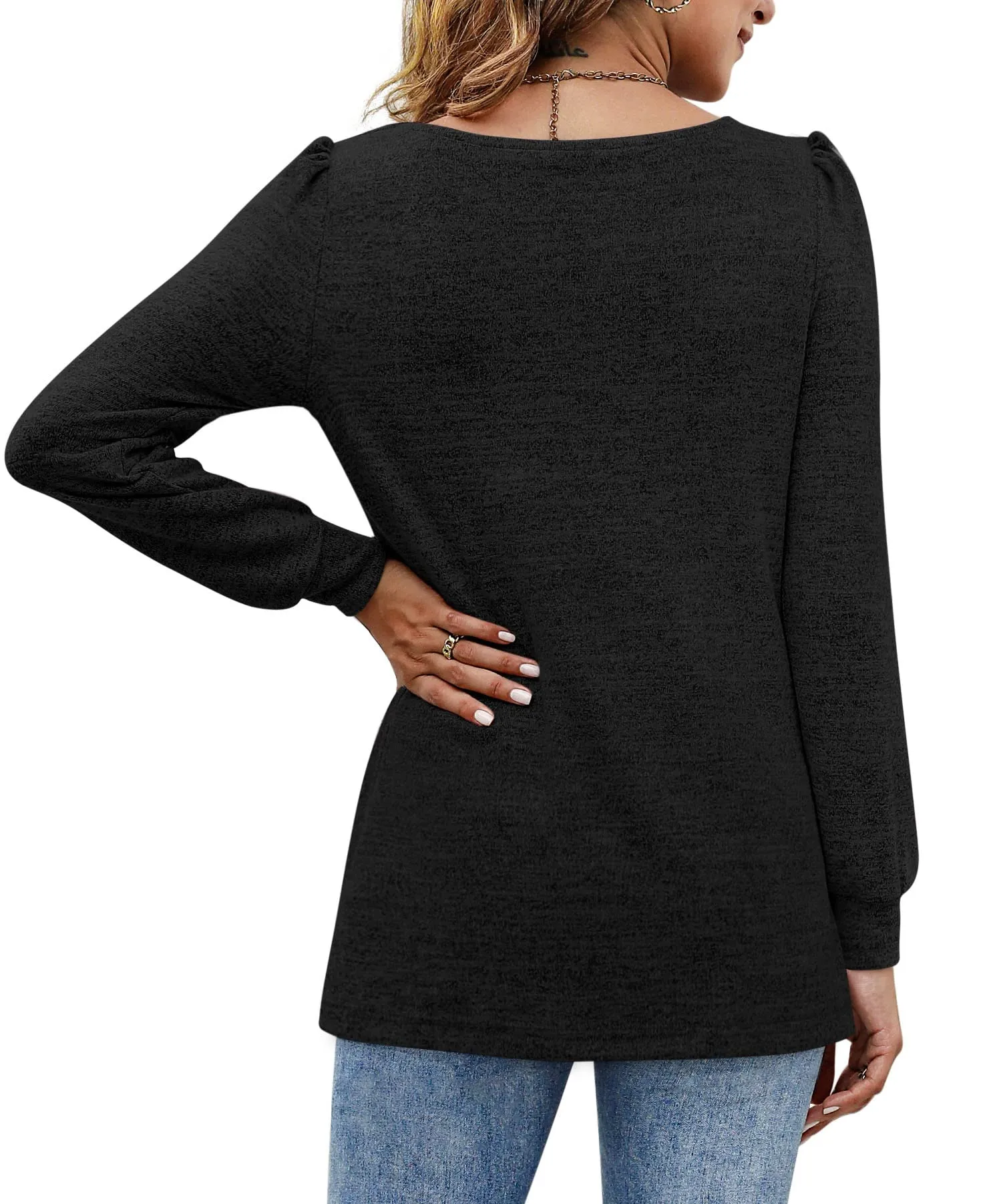 Womens Blouses Square Neck Puff Sleeve Casual Blouse