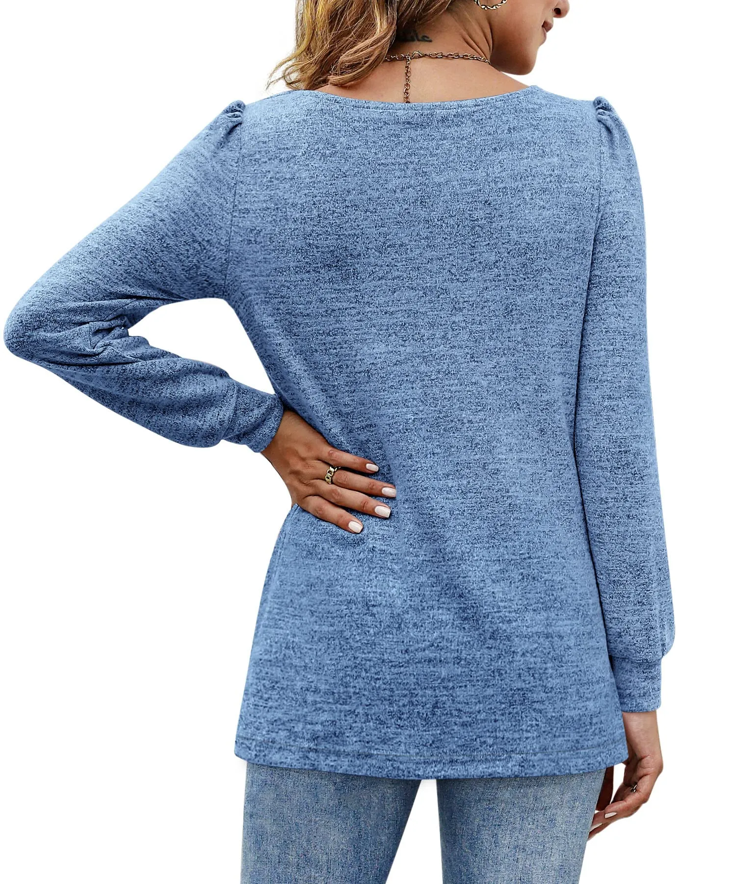 Womens Blouses Square Neck Puff Sleeve Casual Blouse