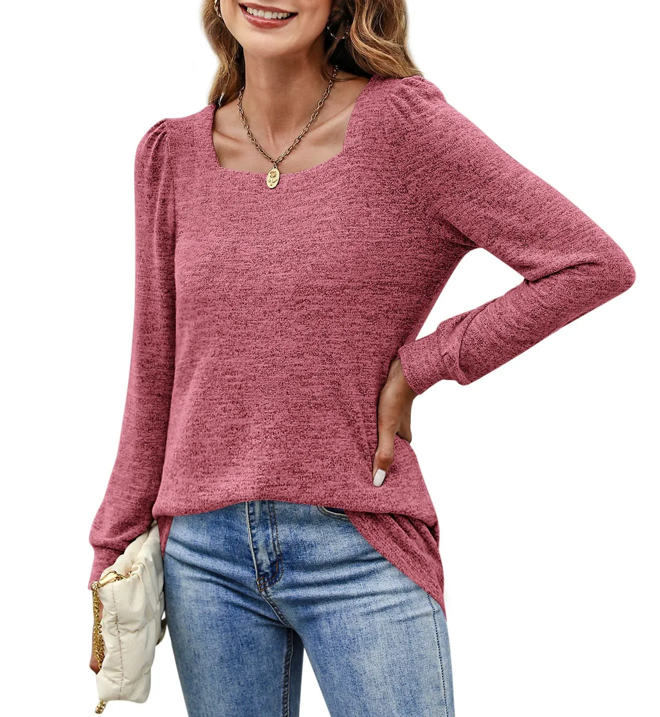 Womens Blouses Square Neck Puff Sleeve Casual Blouse