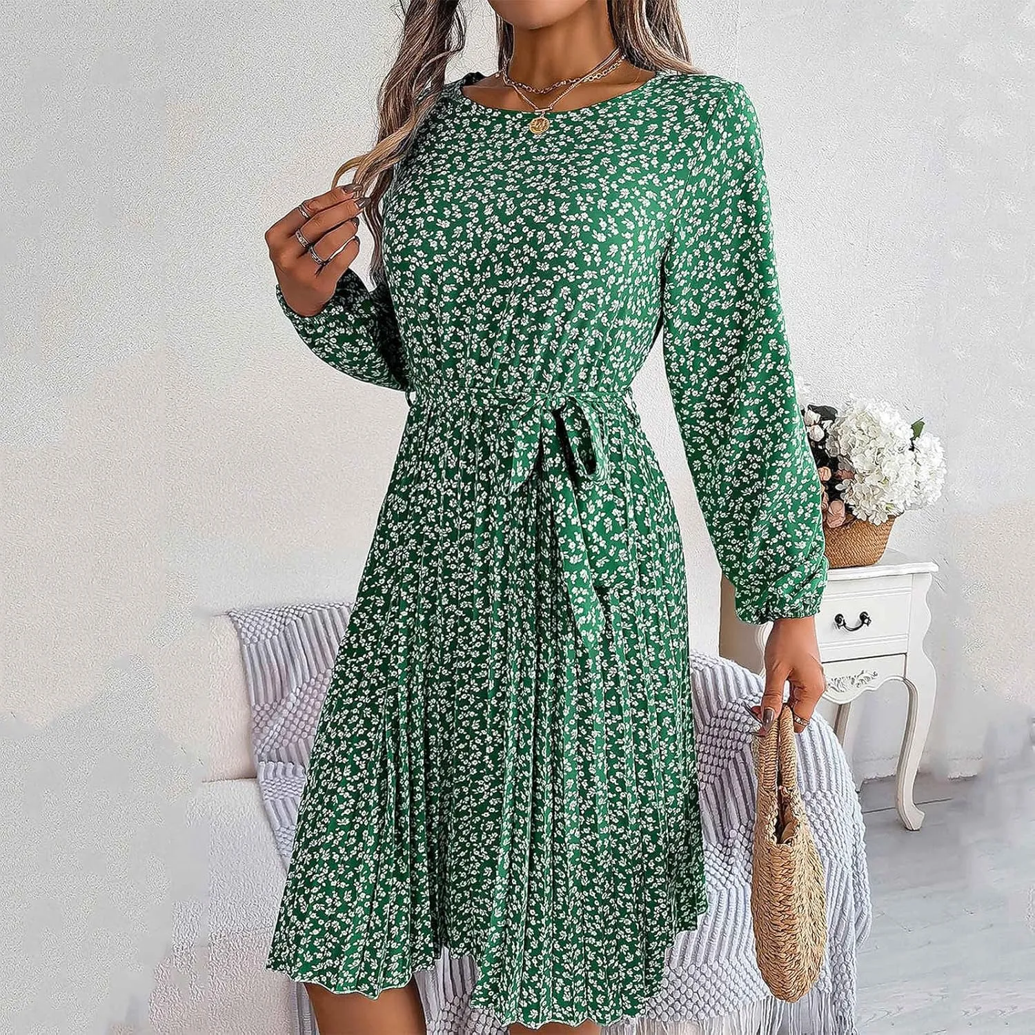 Womens Fall Dresses 2024 Plus Size Elegant Swiss Dot Long Sleeve Dress Flowy Swing Hem Elastic Waist Midi Dress
