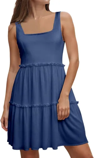 Womens Summer Casual Square Neck A Line Mini Dress Flowy Tiered Sleeveless Sundresses Beach Beach Dresses for