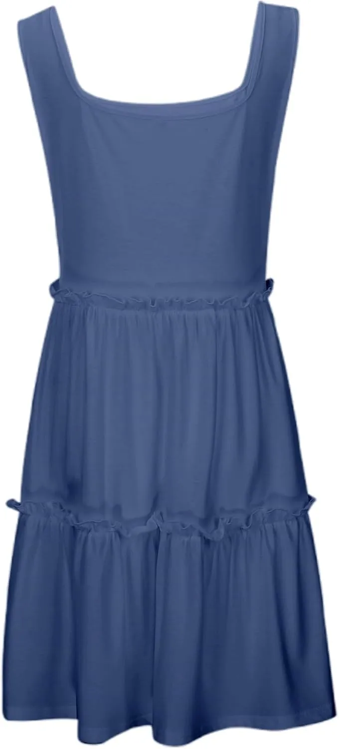Womens Summer Casual Square Neck A Line Mini Dress Flowy Tiered Sleeveless Sundresses Beach Beach Dresses for