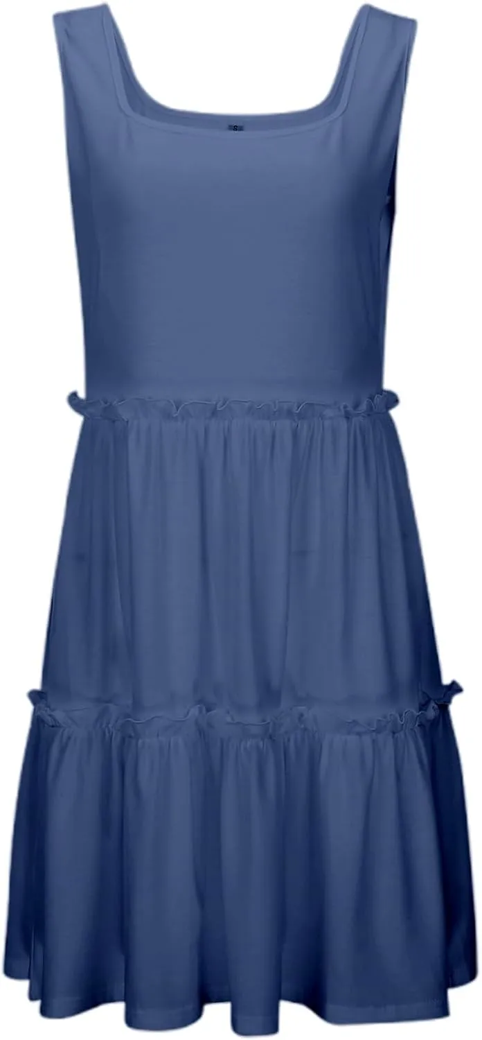 Womens Summer Casual Square Neck A Line Mini Dress Flowy Tiered Sleeveless Sundresses Beach Beach Dresses for